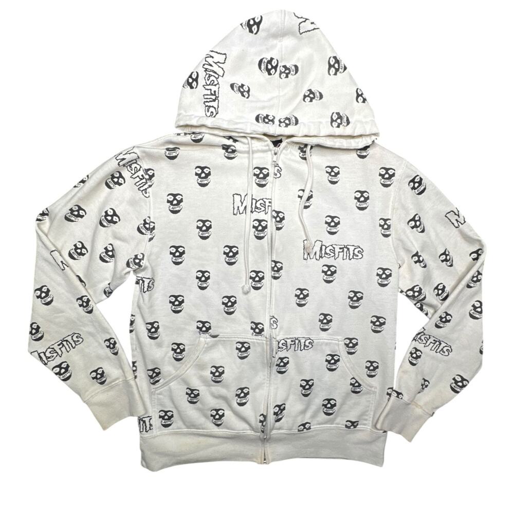 Vintage Y2K Misfits Cinder Block All Over Print Skull Zip Hoodie